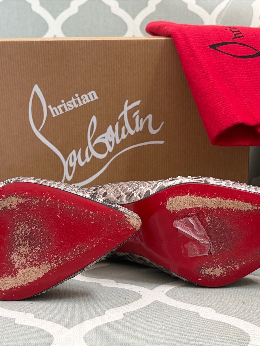 Christian Louboutin Snake-Print Slingback Pumps in Taupe and Black - Picture 4 of 5